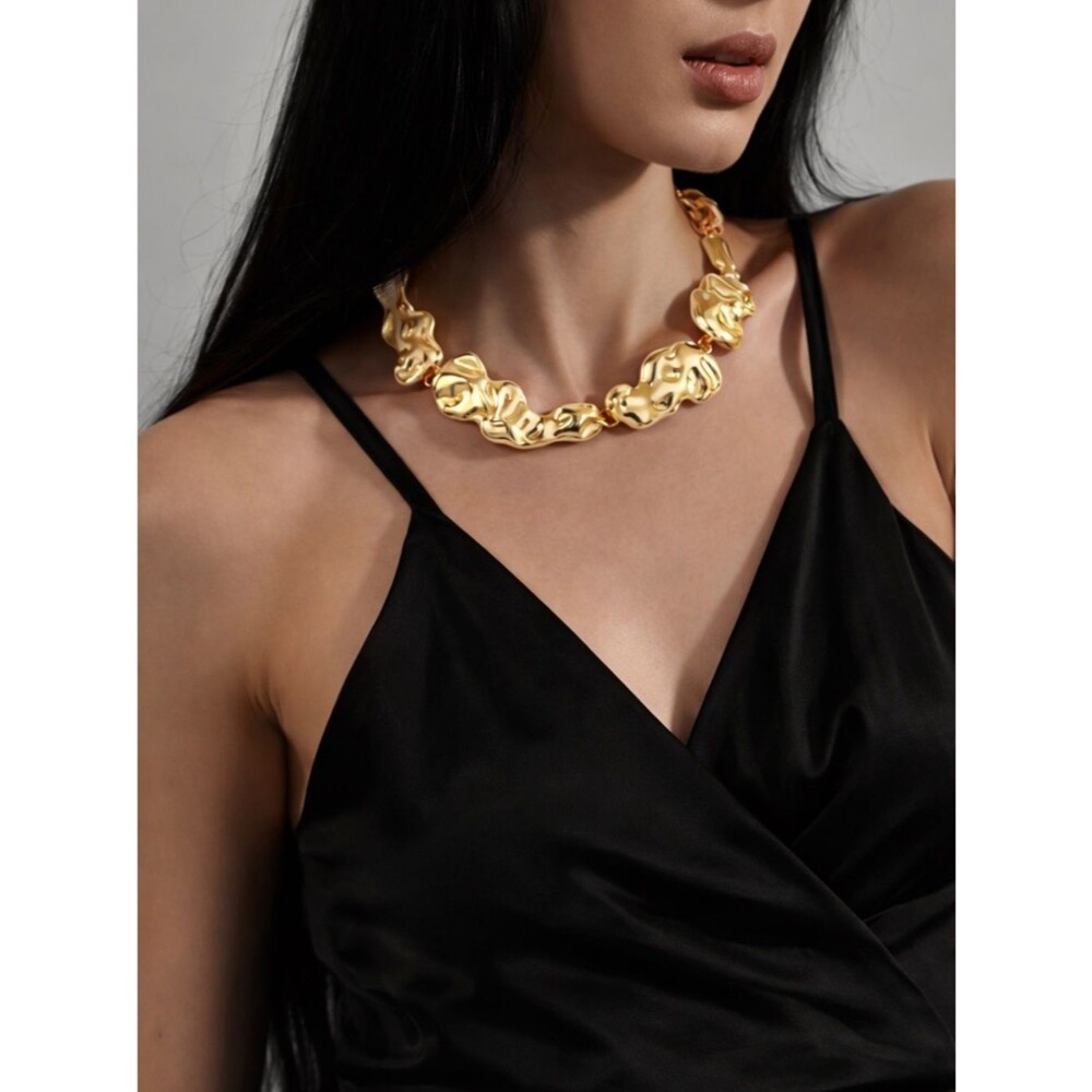 14K Gold Plated Chunky Nugget Link Choker Necklace Gold Molten Chain 14-17” Lux